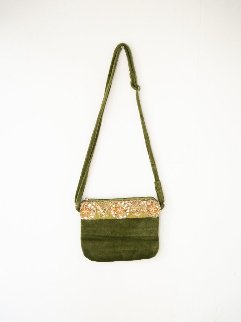 Handmade Olive Green Velvet Crossbody Bag Embroidered Sequin Boho Shoulder Purse